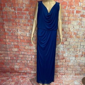 Onyx Nite Blue Beaded Cowl Neck‎ Chiffon Maxi Dress